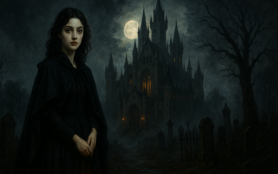 A Gothic-style painting of a pale woman in a dark cloak standing in a misty graveyard. Behind her rises a grand, spired castle illuminated by a full moon. Twisted trees and crooked tombstones surround the scene, creating an eerie, atmospheric setting.