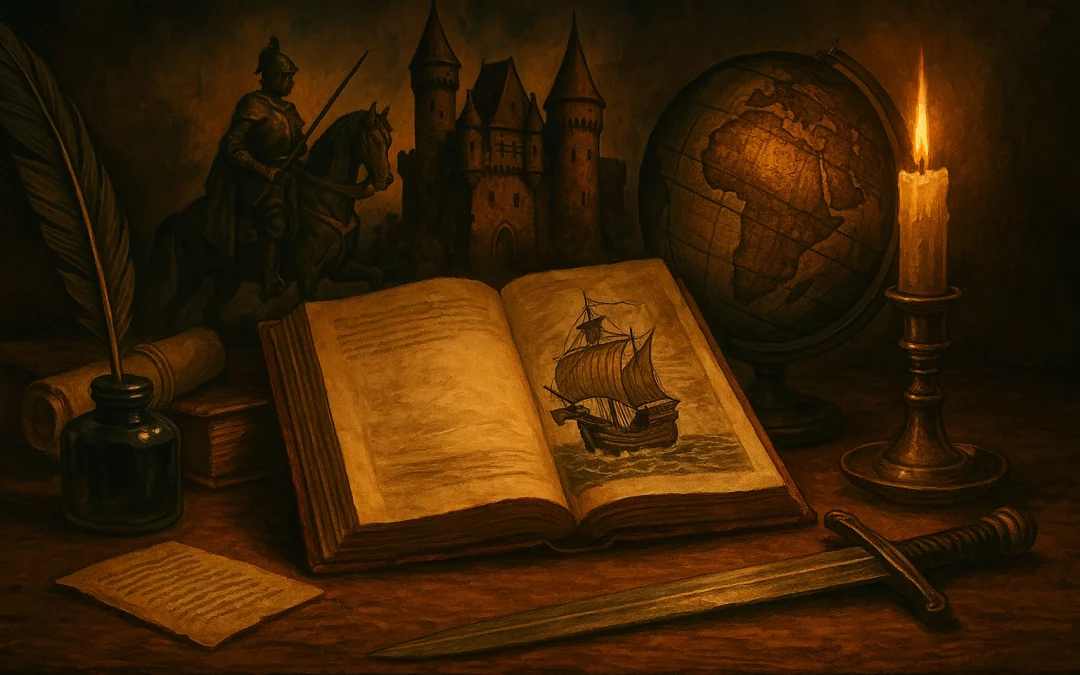 A candlelit desk with an open book showing a ship, surrounded by a globe, sword, quill, and castle silhouette.