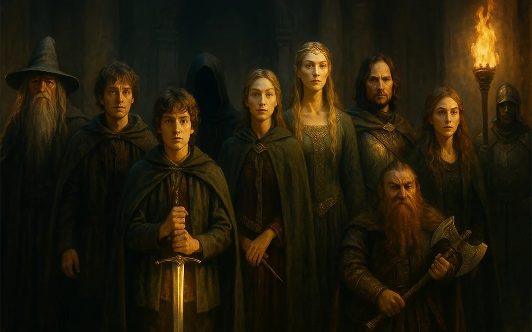 A cinematic digital painting of nine diverse fantasy characters standing together in a dim medieval hall lit by torches. A young knight holds a glowing sword at the centre, flanked by a wise wizard, an elven woman, and other heroes, with towering stone walls and dramatic shadows creating an epic atmosphere.