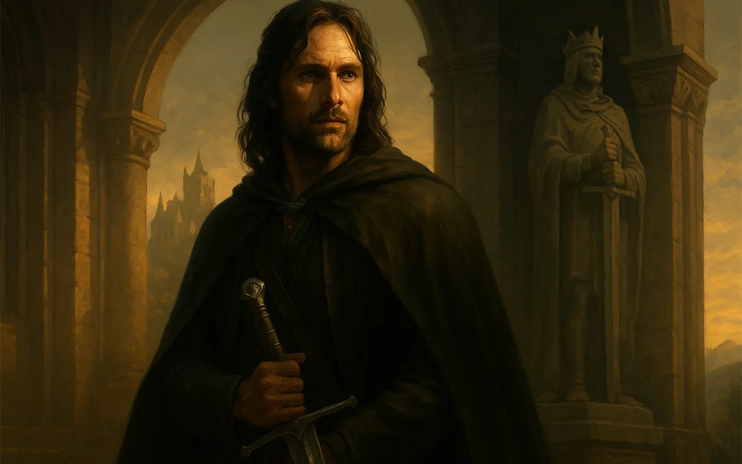 A cinematic painting of a cloaked man standing in an ancient stone archway, holding a sword. Behind him stands a statue of a crowned king with a similar sword, symbolising heritage and destiny. The warm sunset light casts golden tones over the medieval architecture and distant castle.