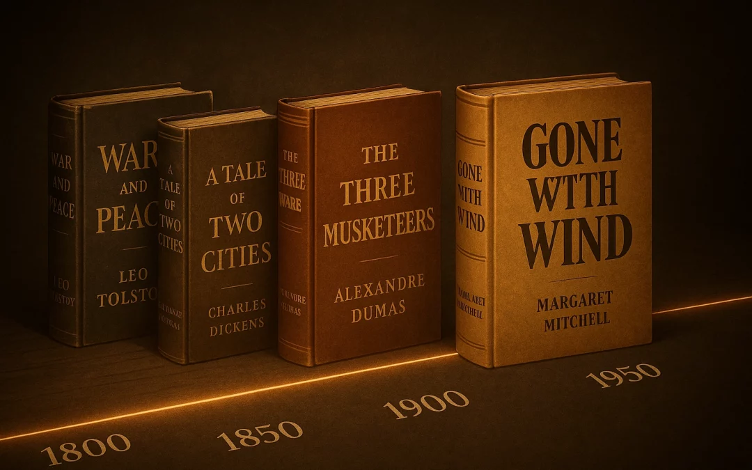 A cinematic illustration of four classic books—War and Peace, A Tale of Two Cities, The Three Musketeers, and Gone with the Wind—emerging upright from a glowing timeline marked 1800, 1850, 1900, and 1950.