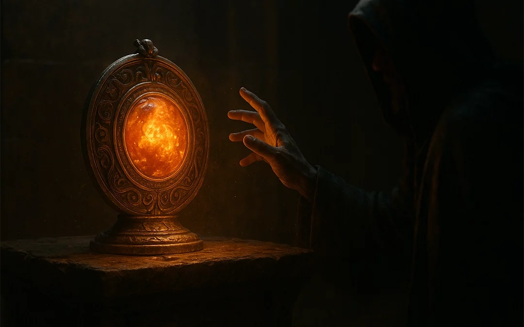 A cinematic digital painting of a lone adventurer reaching toward a glowing magical artifact resting on an ancient stone pedestal in a shadowy chamber. The relic emits golden light, casting reflections on the character’s face and surrounding walls etched with runes, creating an atmosphere of mystery, power, and temptation.