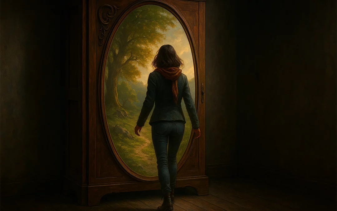 Young woman in front of a mirror attached to a wardrobe. The mirror leads to a different world.