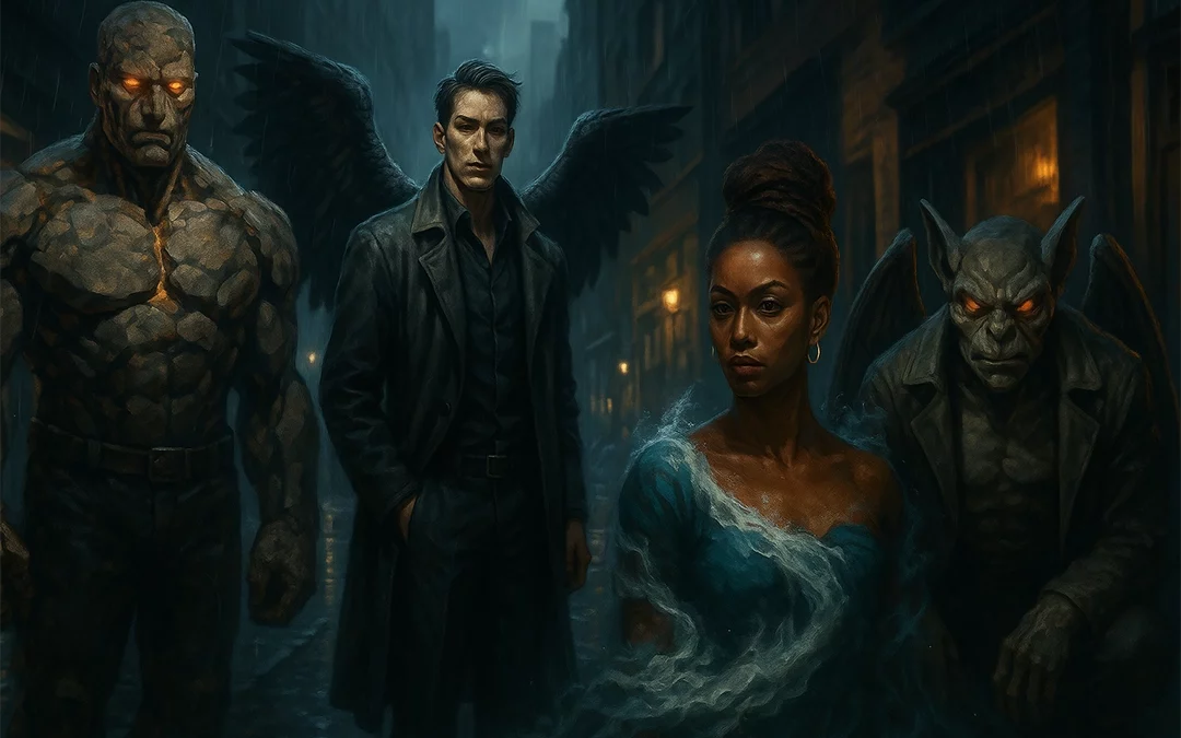 A cinematic scene in a rainy city alley featuring four mythical beings: a glowing-eyed stone golem, a dark-winged man in a coat, a woman formed of water, and a fierce gargoyle with glowing eyes.