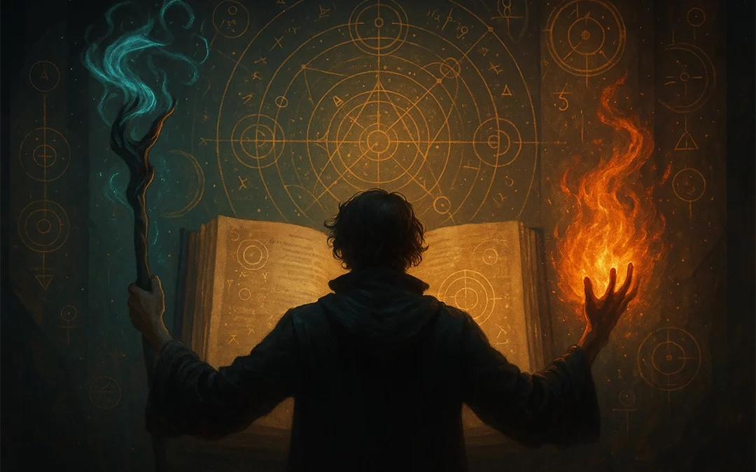 A hooded figure stands before a glowing ancient tome, holding a staff lit with blue magic in one hand and conjuring orange fire in the other. Intricate golden magical symbols and circular diagrams cover the dark stone wall behind them, creating a cinematic representation of different magic systems.