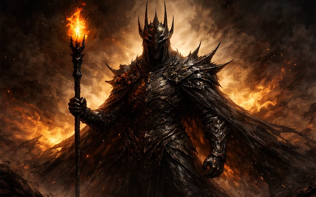 Dark armoured fantasy figure holding a flaming staff, standing amid fire and smoke, with a spiked crown and flowing cloak.
