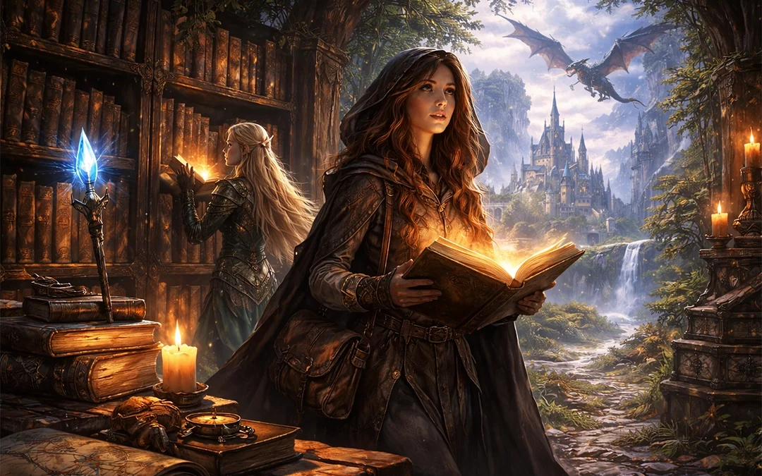 A hooded young woman reads a glowing book in a forest library while an elf studies nearby, with a distant castle and dragon in the background.