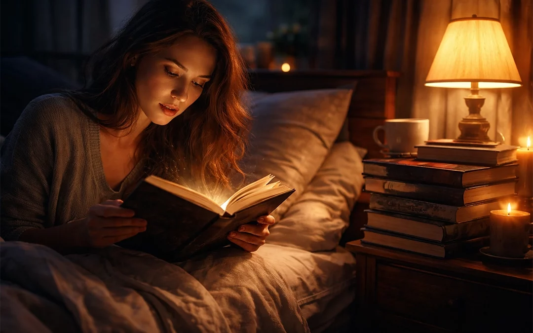 Woman reading a book late at night in bed, warm lamp light illuminating her face, with a stack of books on the bedside table.