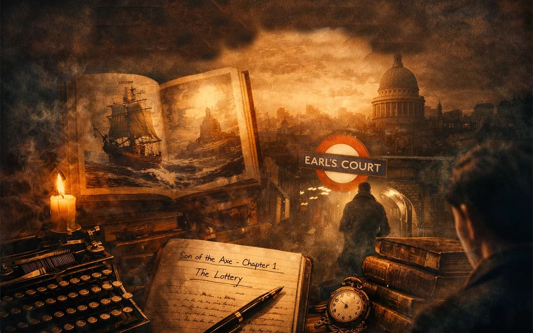 Cinematic desk scene with a vintage typewriter, open illustrated book, candle and pocket watch, blending into a shadowy London Underground tunnel and skyline in warm, moody light.