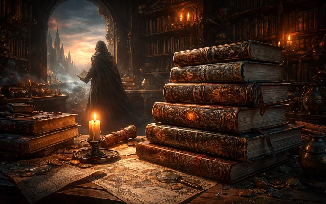 Stack of ancient fantasy books on a candlelit desk, with a cloaked figure reading near an archway overlooking a mysterious medieval city at sunset.
