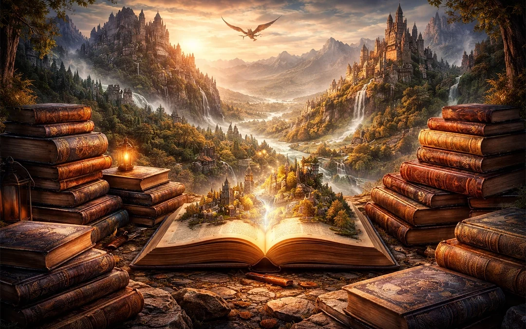 Hyper-realistic fantasy landscape emerging from an open book, with castles, waterfalls and a flying dragon framed by stacks of old books.