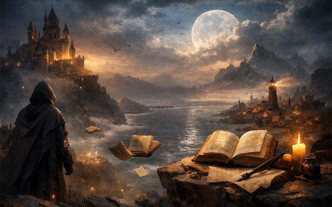 Epic fantasy landscape with a lone traveller on a ridge overlooking a vast city and distant mountains under dramatic, storm-lit skies.