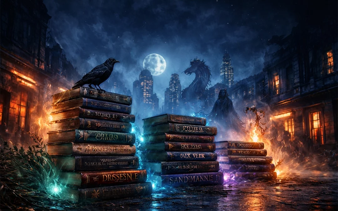 Cinematic urban fantasy scene with glowing stacks of books on a rain-soaked street, a raven on top, shadowy mythical figures and a moonlit city skyline behind.