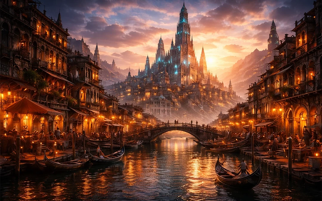 Cinematic fantasy canal city at sunset, with gondolas on glowing water, lantern-lit streets, arched bridges, and towering magical spires rising above the skyline.
