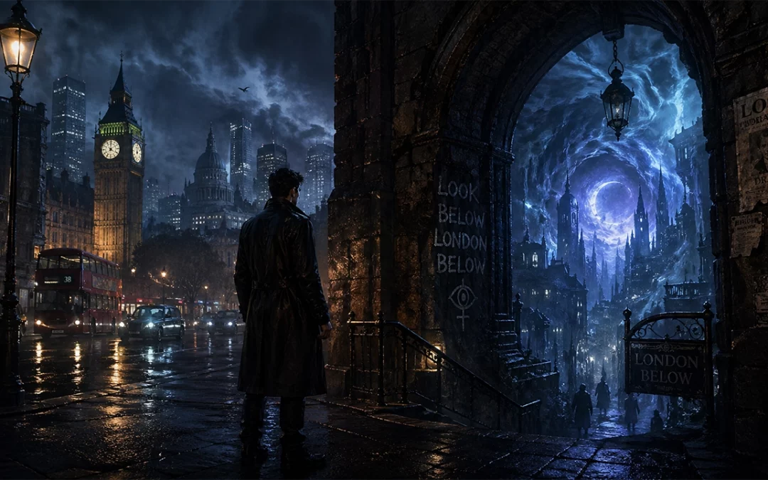 A lone figure stands on a rain-soaked London street at night, facing a glowing portal beneath an archway that reveals a hidden, magical version of the city beyond.