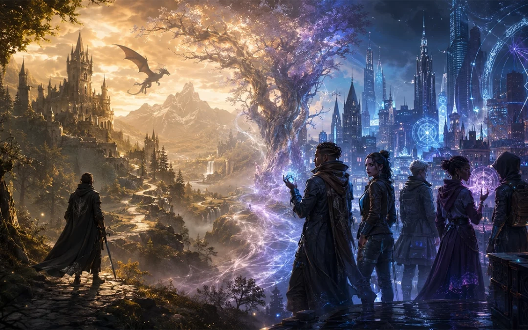 Cinematic split-scene illustration contrasting classic and modern fantasy: a lone cloaked figure walks toward a sunlit medieval castle and mountains on the left, while a group of magic-wielding characters overlooks a glowing futuristic city on the right, divided by a luminous ancient tree at the centre.