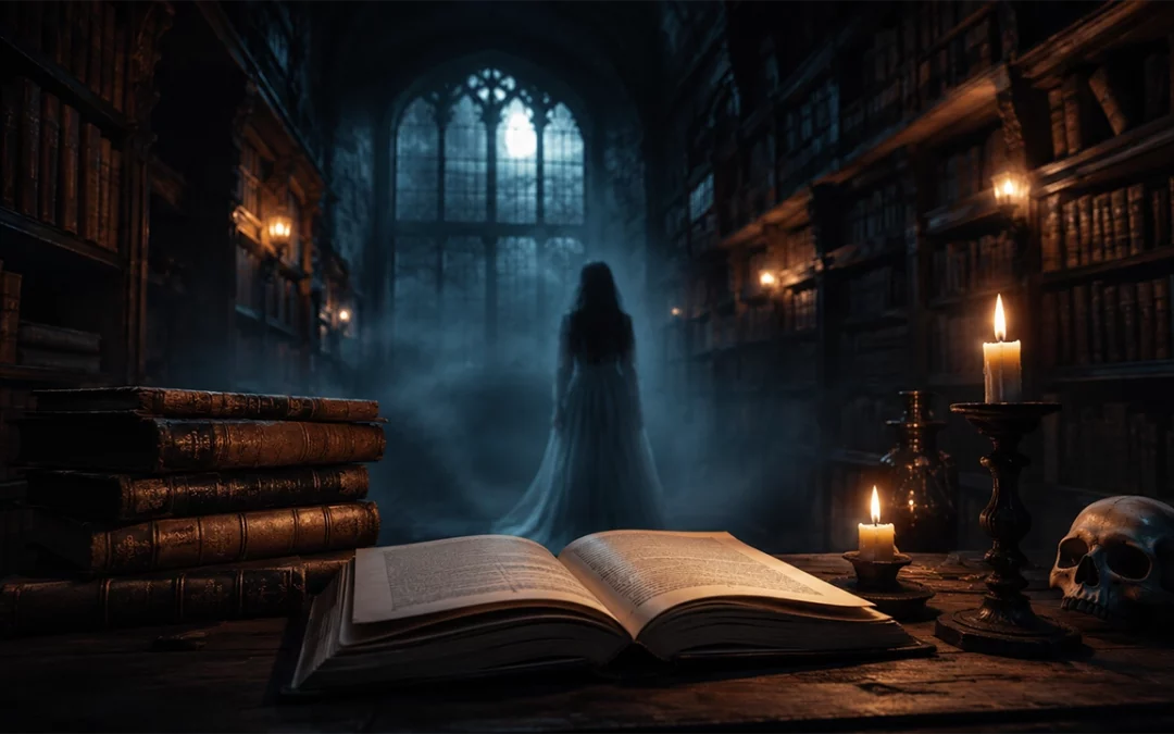 A cinematic Gothic library filled with antique books and candlelight, where a ghostly figure stands in the misty distance, creating an eerie supernatural atmosphere.